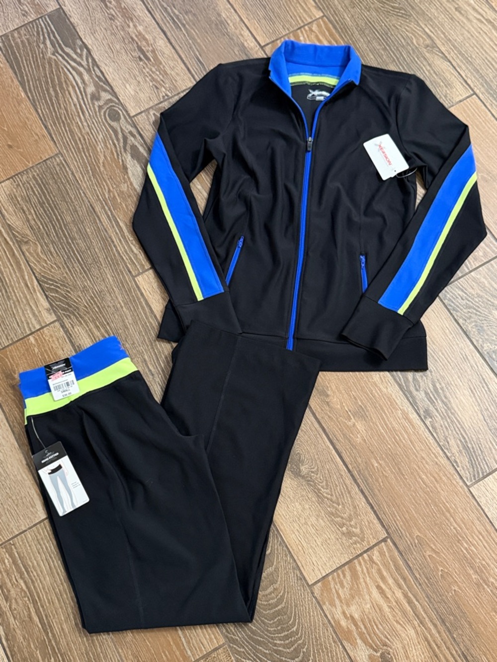 Xersion Set: Black Track Jacket & Joggers with Blue and Lime Accent - Small
